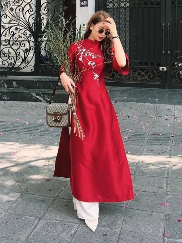 Family Ao Dai  Mom And Daughter Red Ribbons Includes One Ao Dai Top And Pants