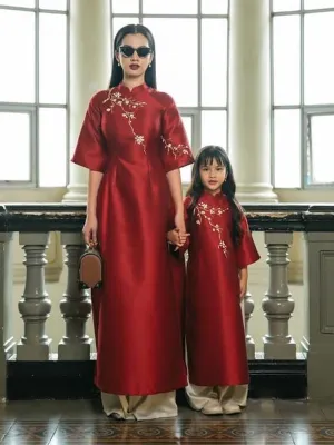Family Ao Dai  Mom And Daughter Red Ribbons Includes One Ao Dai Top And Pants