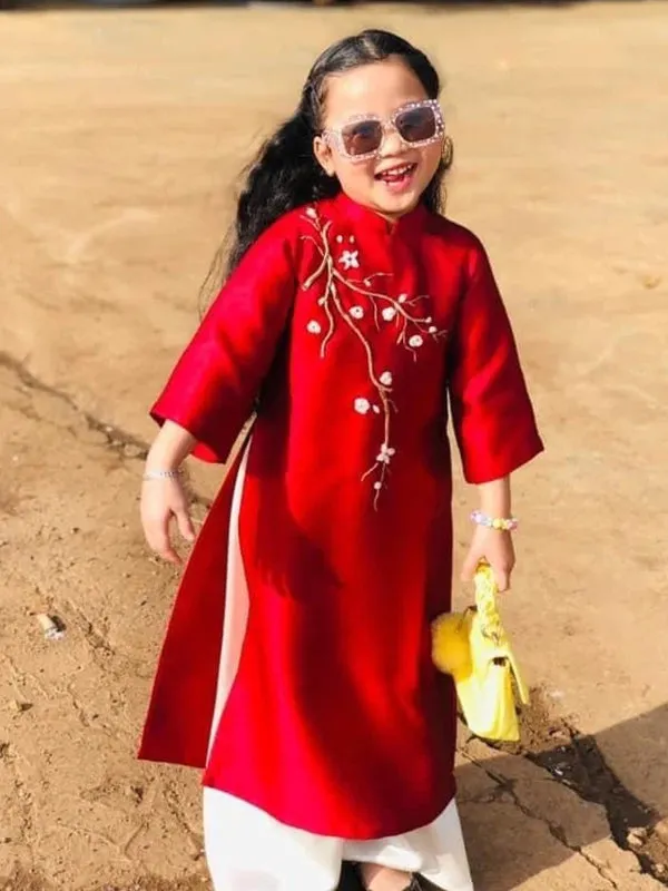 Family Ao Dai  Mom And Daughter Red Ribbons Includes One Ao Dai Top And Pants
