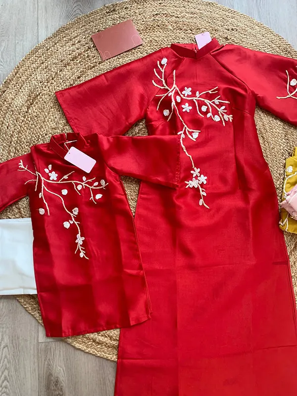 Family Ao Dai  Mom And Daughter Red Ribbons Includes One Ao Dai Top And Pants
